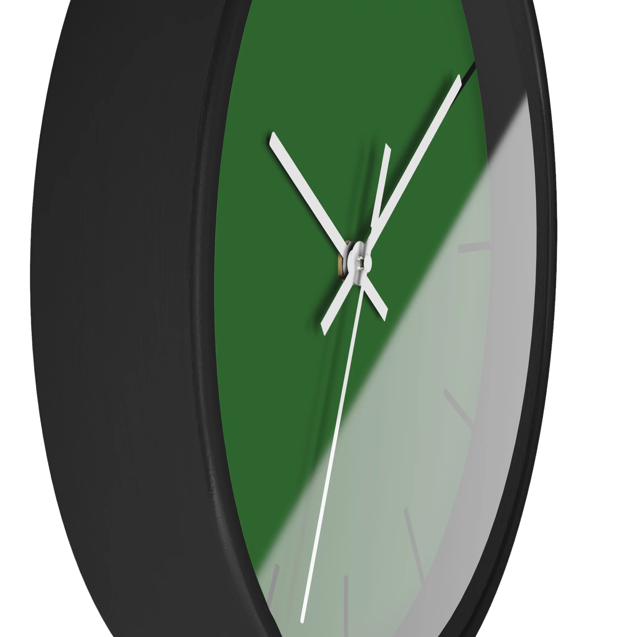 Mughal green silent wall clock, black base, white hands, black markers, 10 inch, side view.