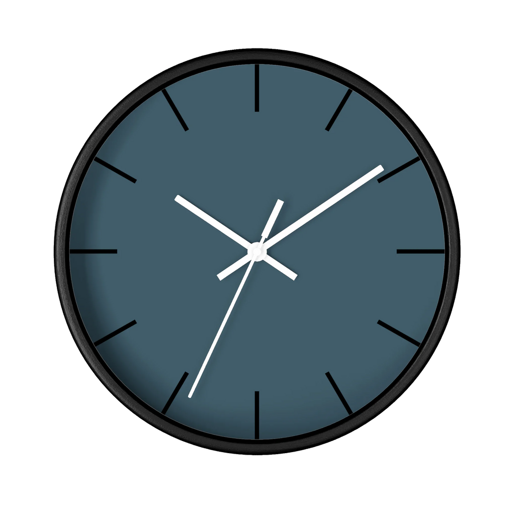 Navy blue slate silent wall clock, black base, white hands, black markers, 10 inch, front view.