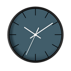 Navy blue slate silent wall clock, black base, white hands, black markers, 10 inch, front view.