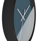Navy blue slate silent wall clock, black base, white hands, black markers, 10 inch, side view.