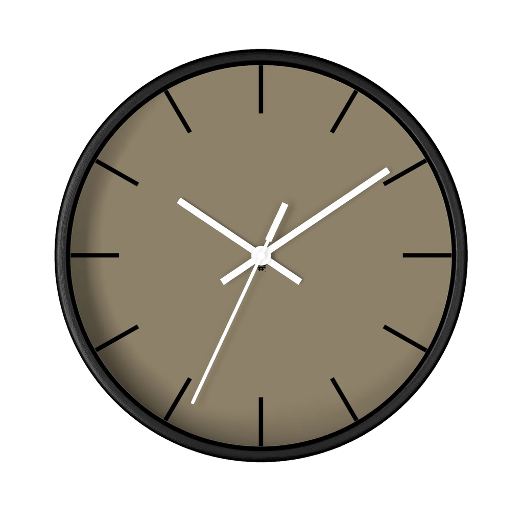 Neutral taupe silent wall clock, black base, white hands, black markers, 10 inch, front view.
