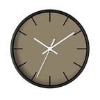 Neutral taupe silent wall clock, black base, white hands, black markers, 10 inch, front view.