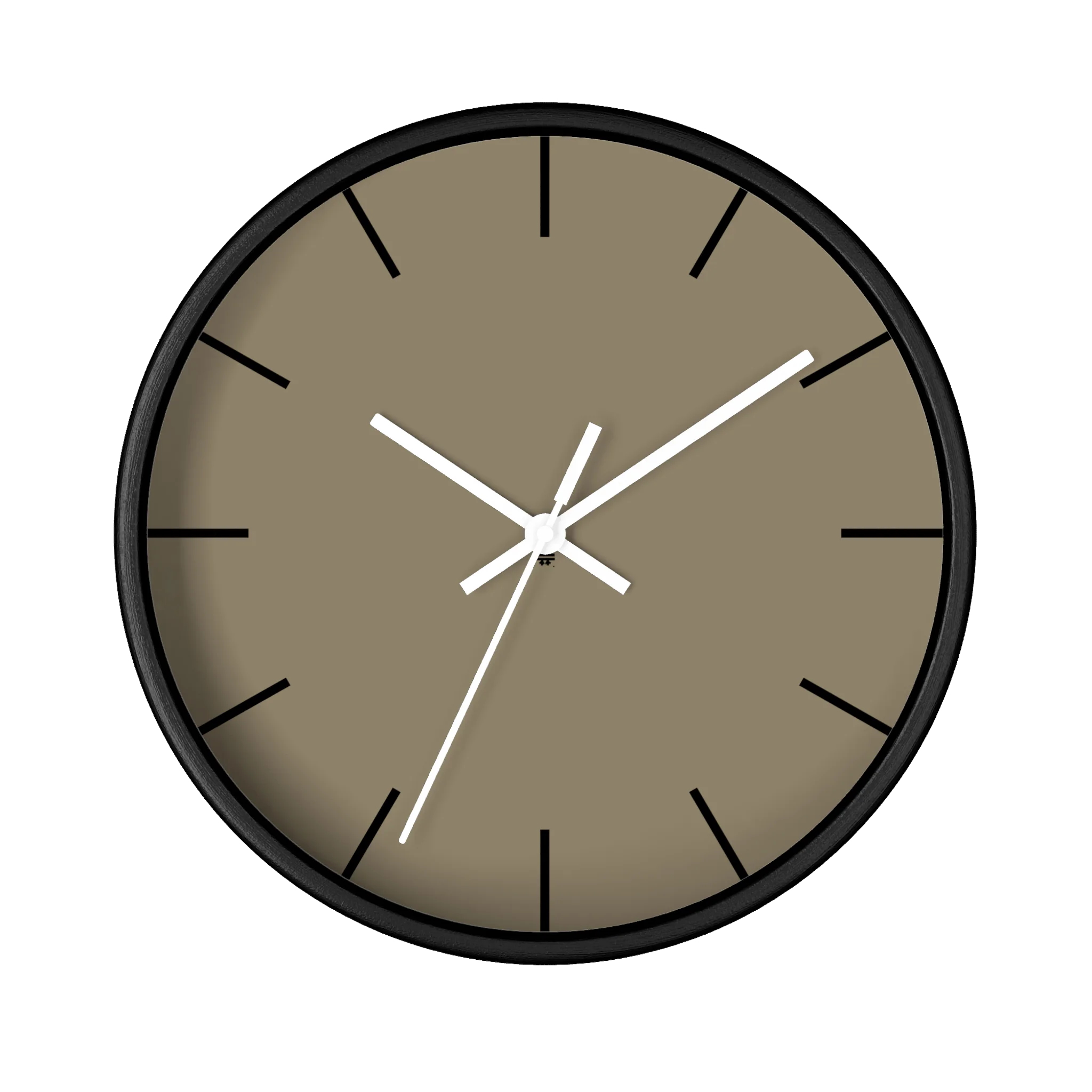 Neutral taupe silent wall clock, black base, white hands, black markers, 10 inch, front view.