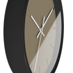 Neutral taupe silent wall clock, black base, white hands, black markers, 10 inch, side view.