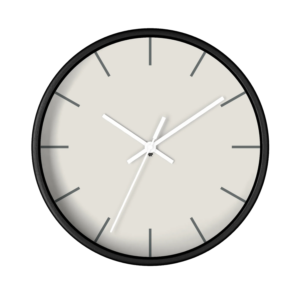 Off white silent wall clock, black base, white hands, grey markers, 10 inch, front view.