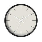 Off white silent wall clock, black base, white hands, grey markers, 10 inch, front view.