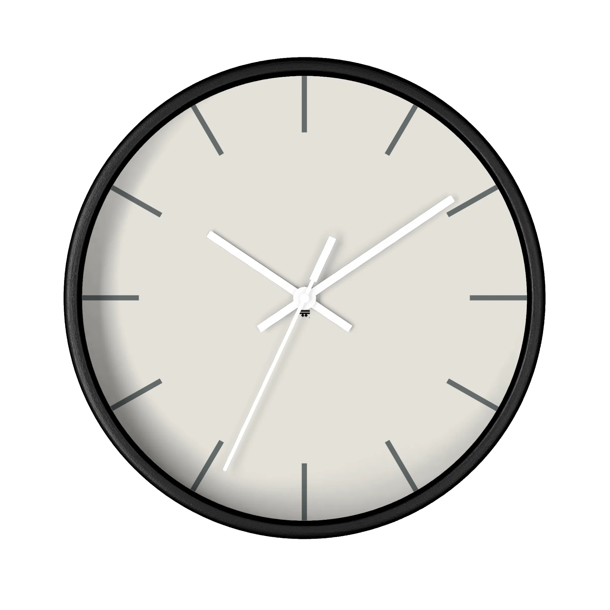 Off white silent wall clock, black base, white hands, grey markers, 10 inch, front view.