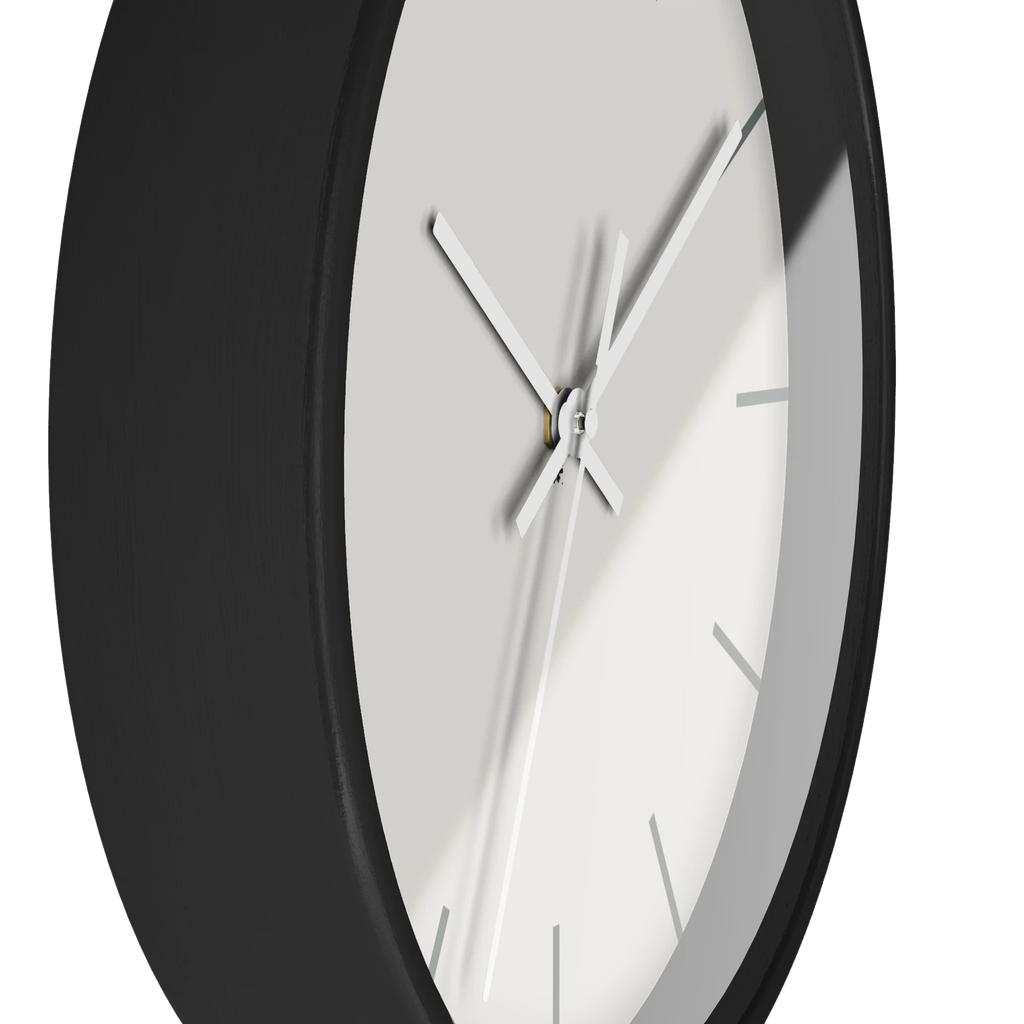 Off white silent wall clock, black base, white hands, grey markers, 10 inch, side view.