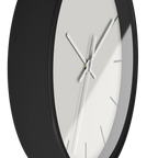 Off white silent wall clock, black base, white hands, grey markers, 10 inch, side view.