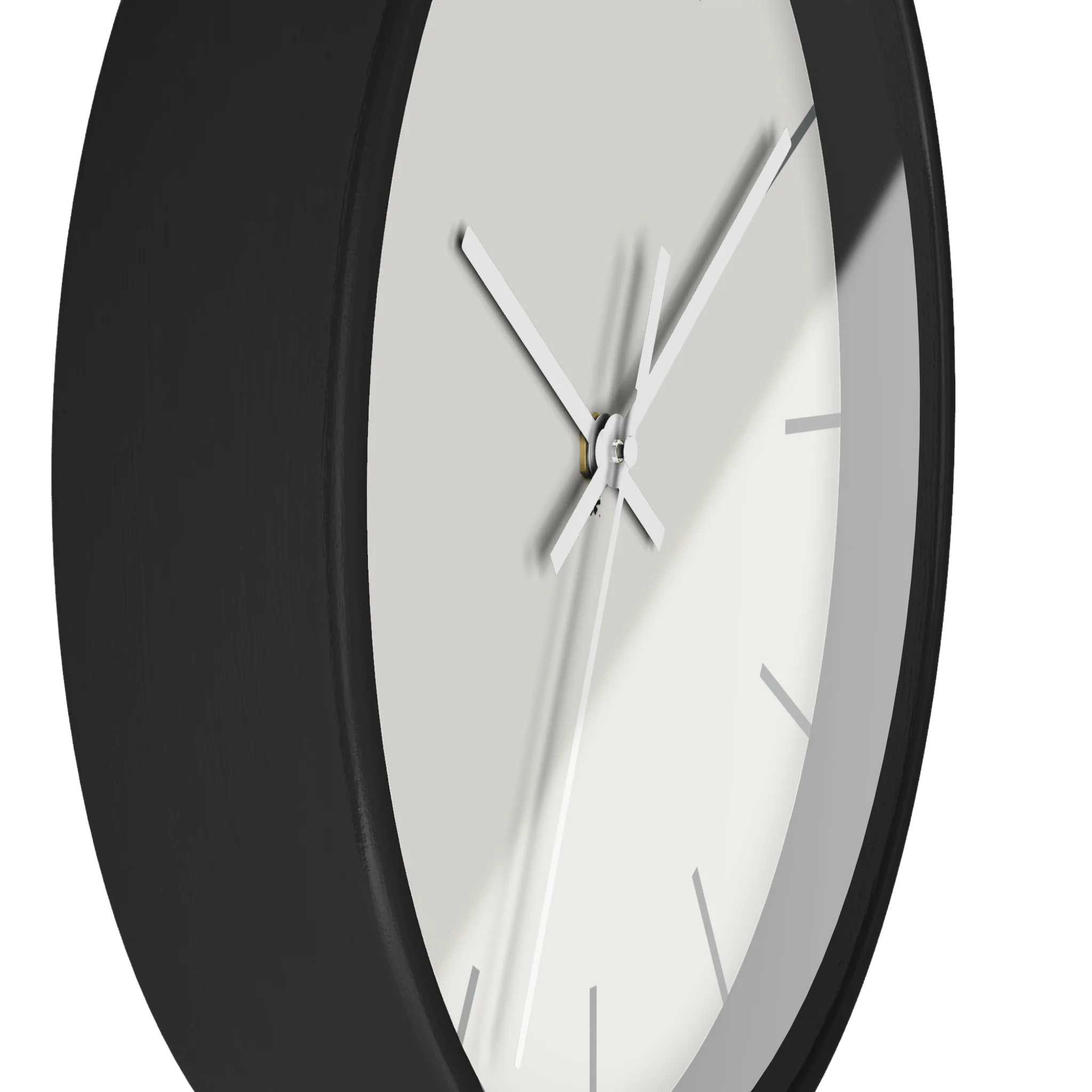 Off white silent wall clock, black base, white hands, grey markers, 10 inch, side view.