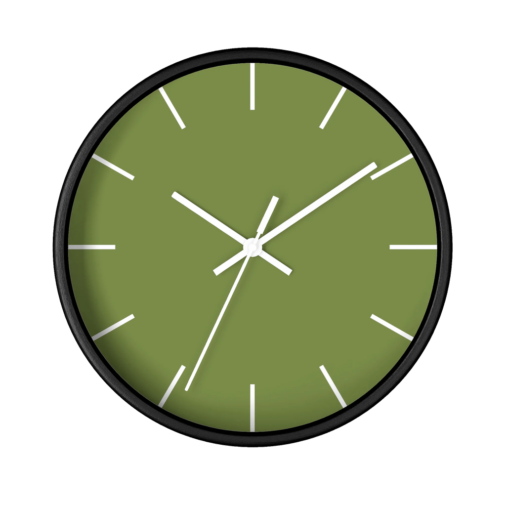 Olive green silent wall clock, black base, white hands, white markers, 10 inch, front view.