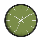 Olive green silent wall clock, black base, white hands, white markers, 10 inch, front view.