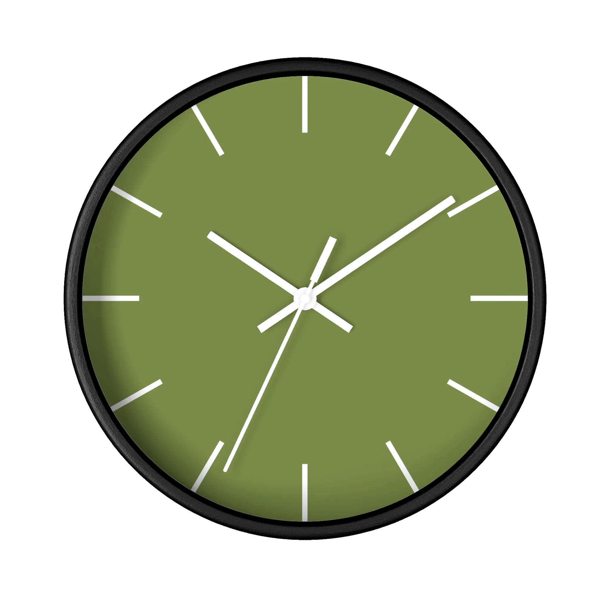 Olive green silent wall clock, black base, white hands, white markers, 10 inch, front view.
