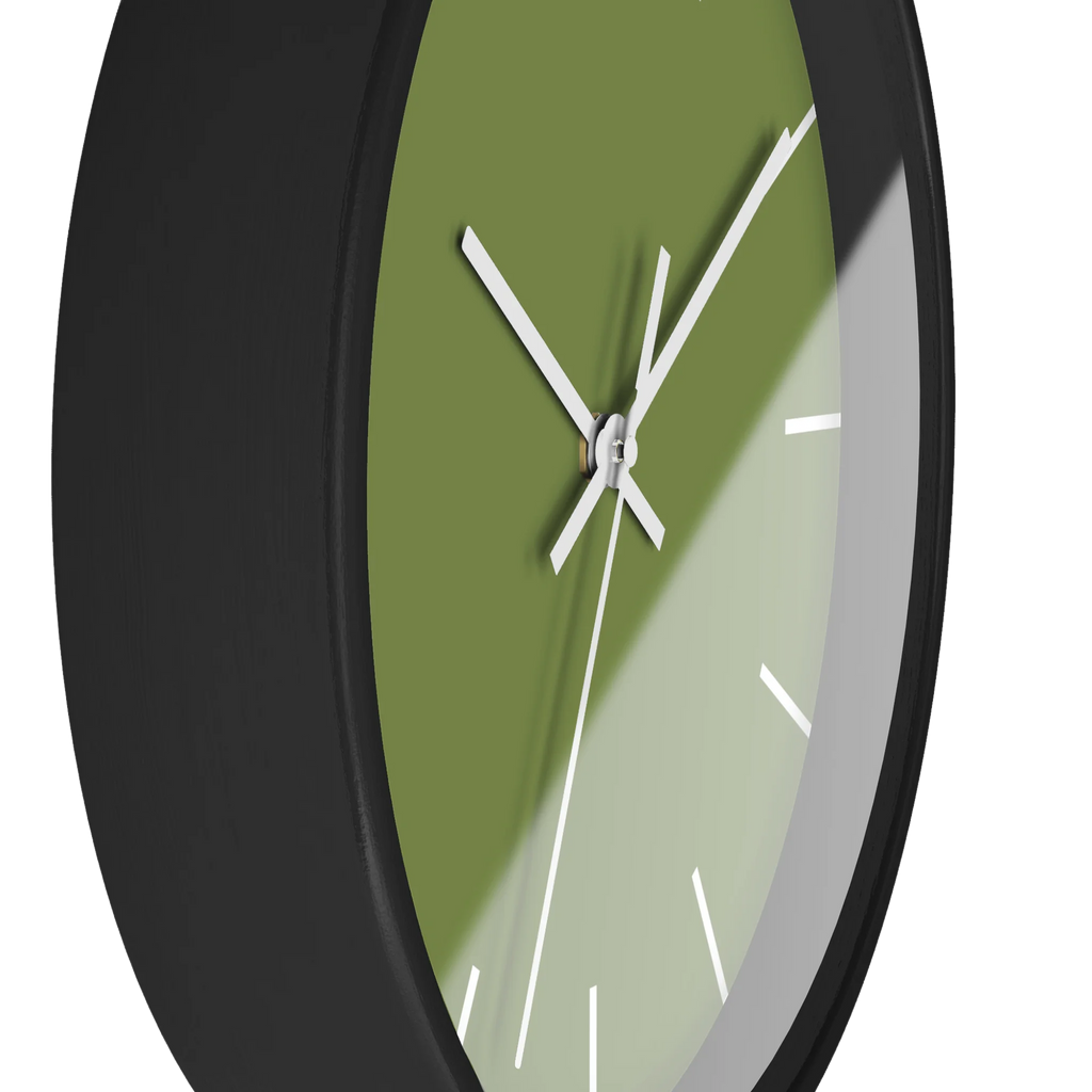 Olive green silent wall clock, black base, white hands, white markers, 10 inch, side view.
