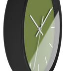 Olive green silent wall clock, black base, white hands, white markers, 10 inch, side view.