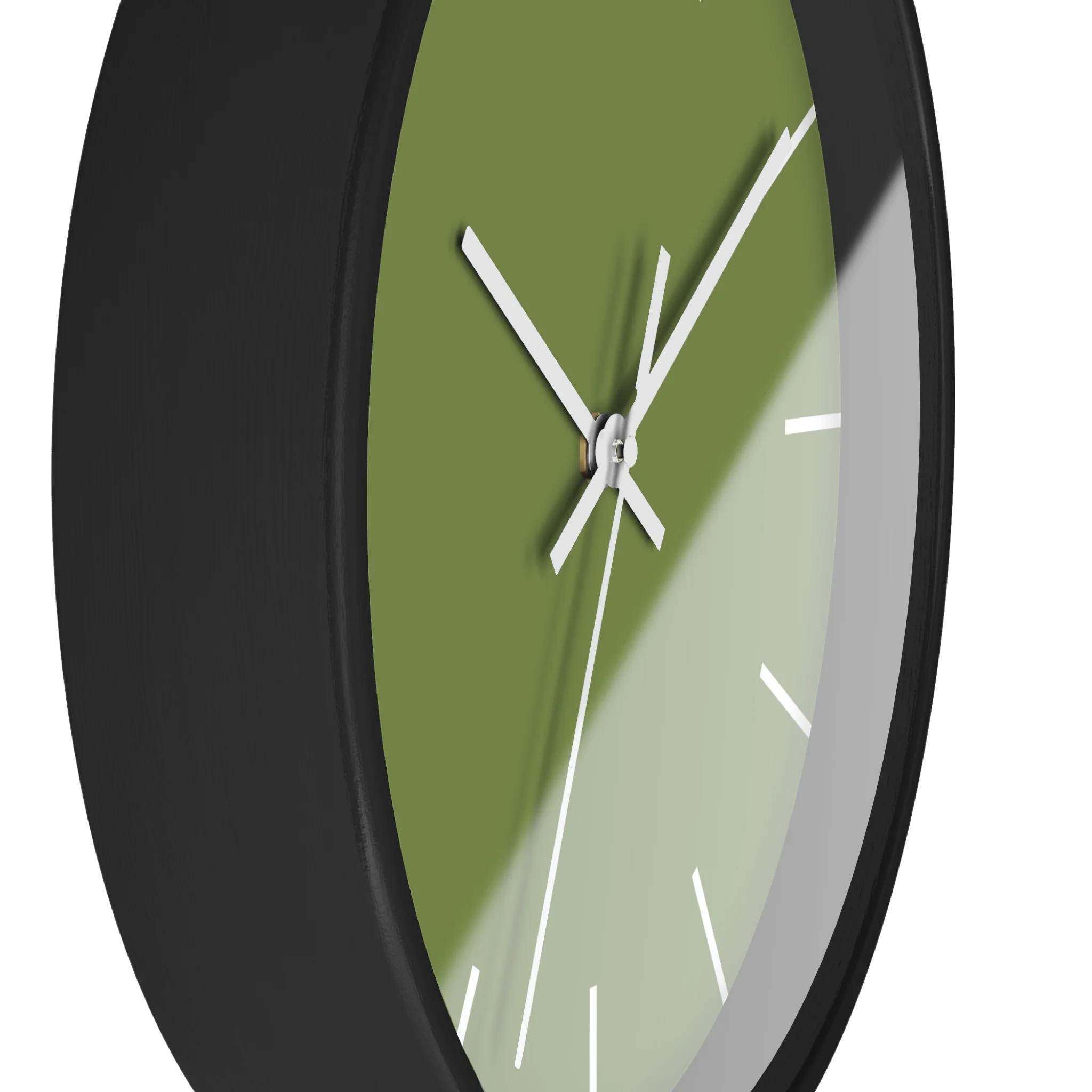 Olive green silent wall clock, black base, white hands, white markers, 10 inch, side view.