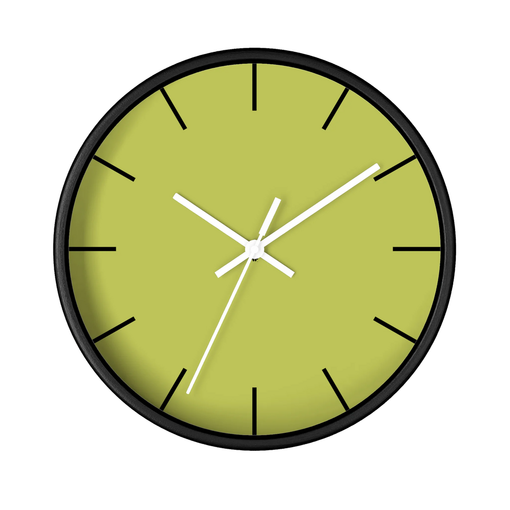 Orchid lime green silent wall clock, black base, white hands, black markers, 10 inch, front view.