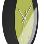 Orchid lime green silent wall clock, black base, white hands, black markers, 10 inch, side view.