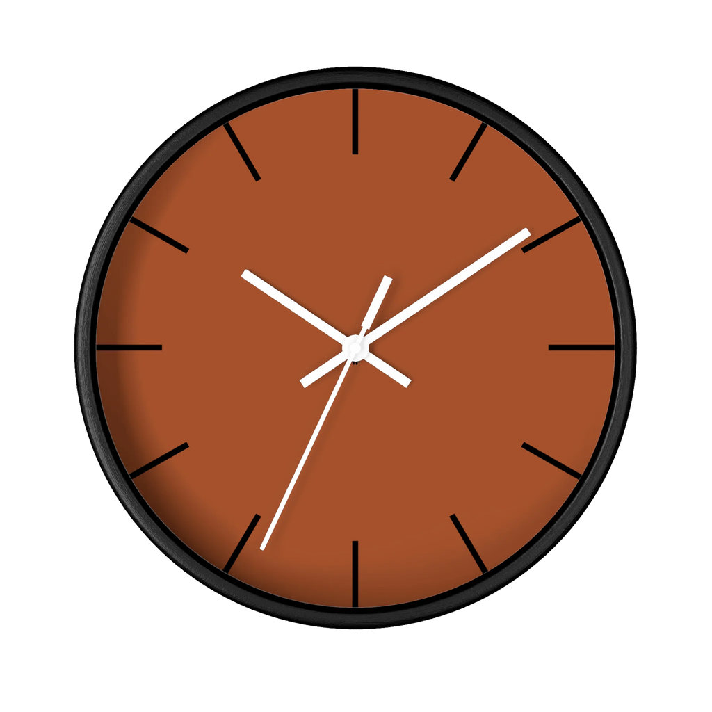 Paarl terracotta silent wall clock, black base, white hands, black markers, 10 inch, front view.