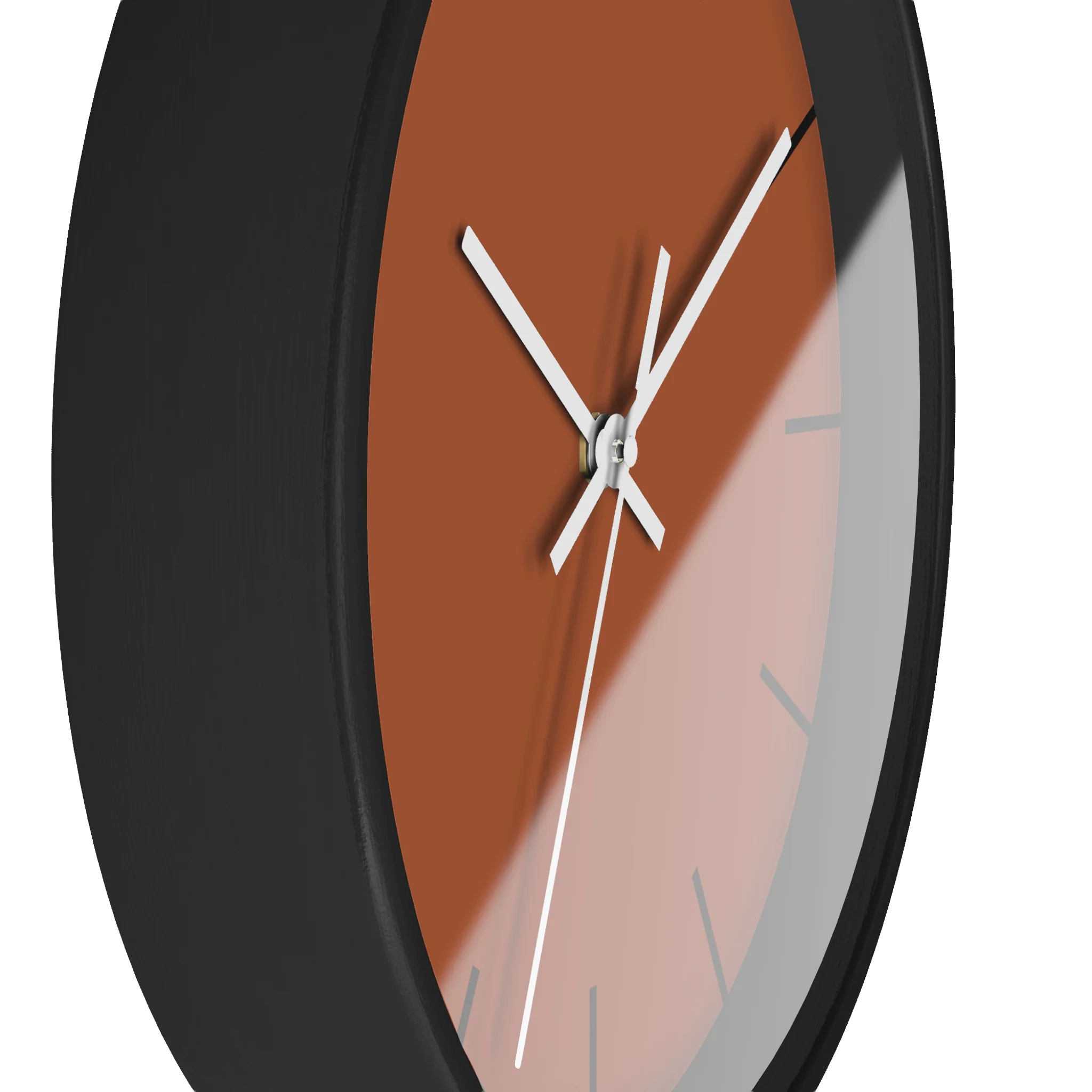 Paarl terracotta silent wall clock, black base, white hands, black markers, 10 inch, side view.