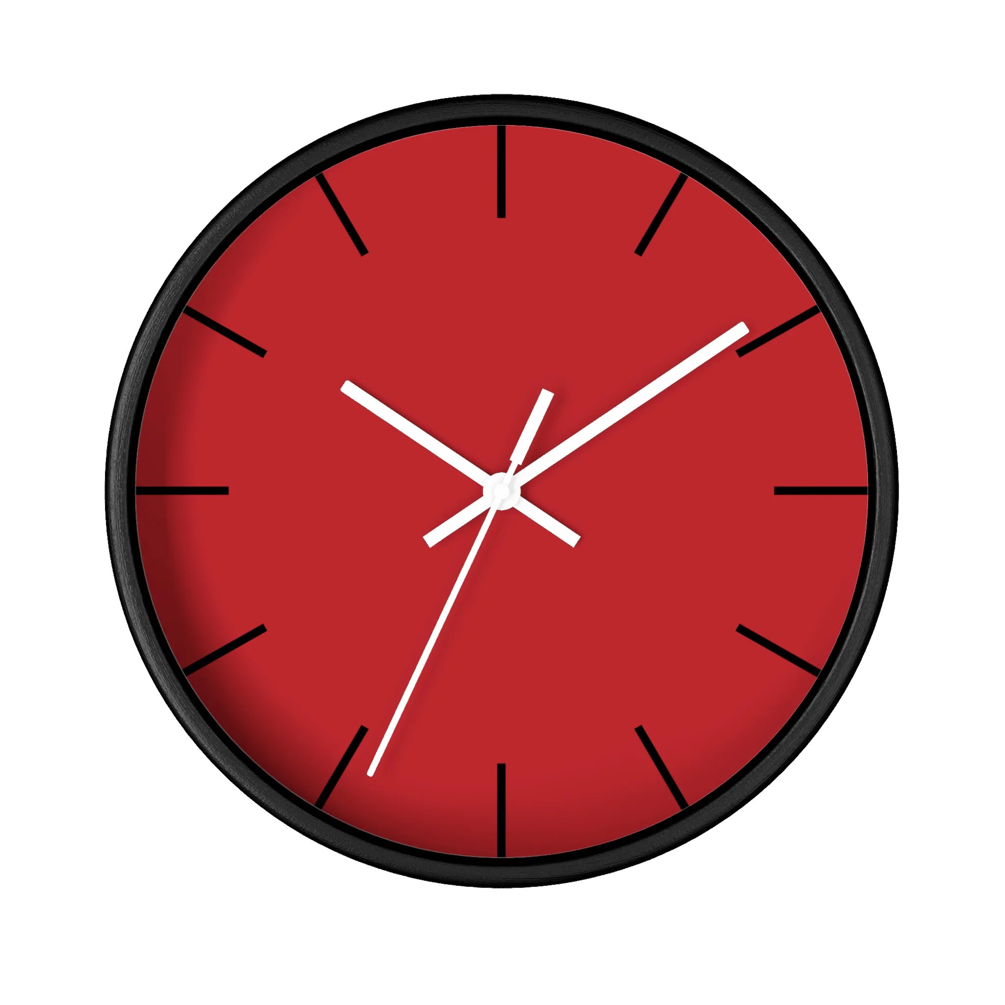 Red silent wall clock, black base, white hands, black markers, 10 inch, front view.