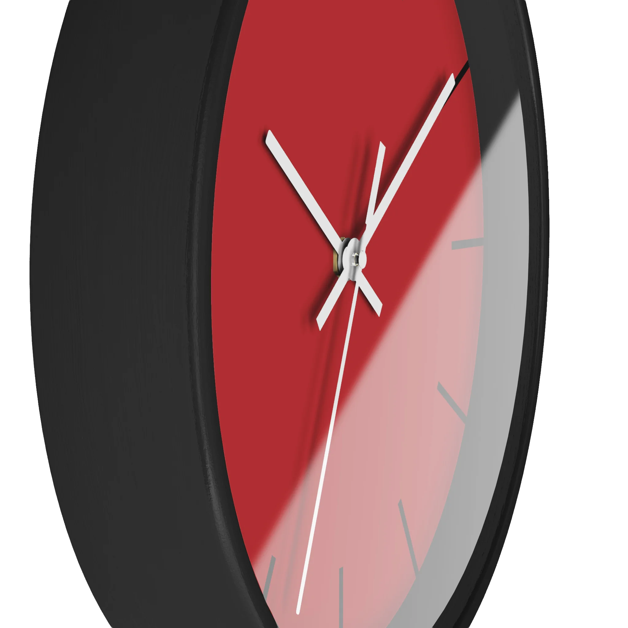 Red silent wall clock, black base, white hands, black markers, 10 inch, side view.
