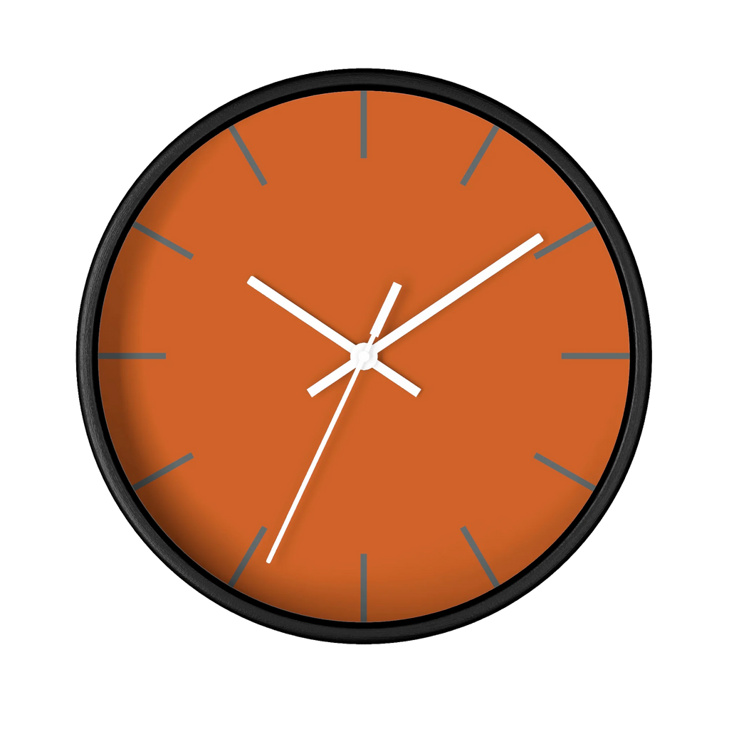 Roman earth rust orange silent wall clock, black base, white hands, grey markers, 10 inch, front view.