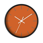 Roman earth rust orange silent wall clock, black base, white hands, grey markers, 10 inch, front view.