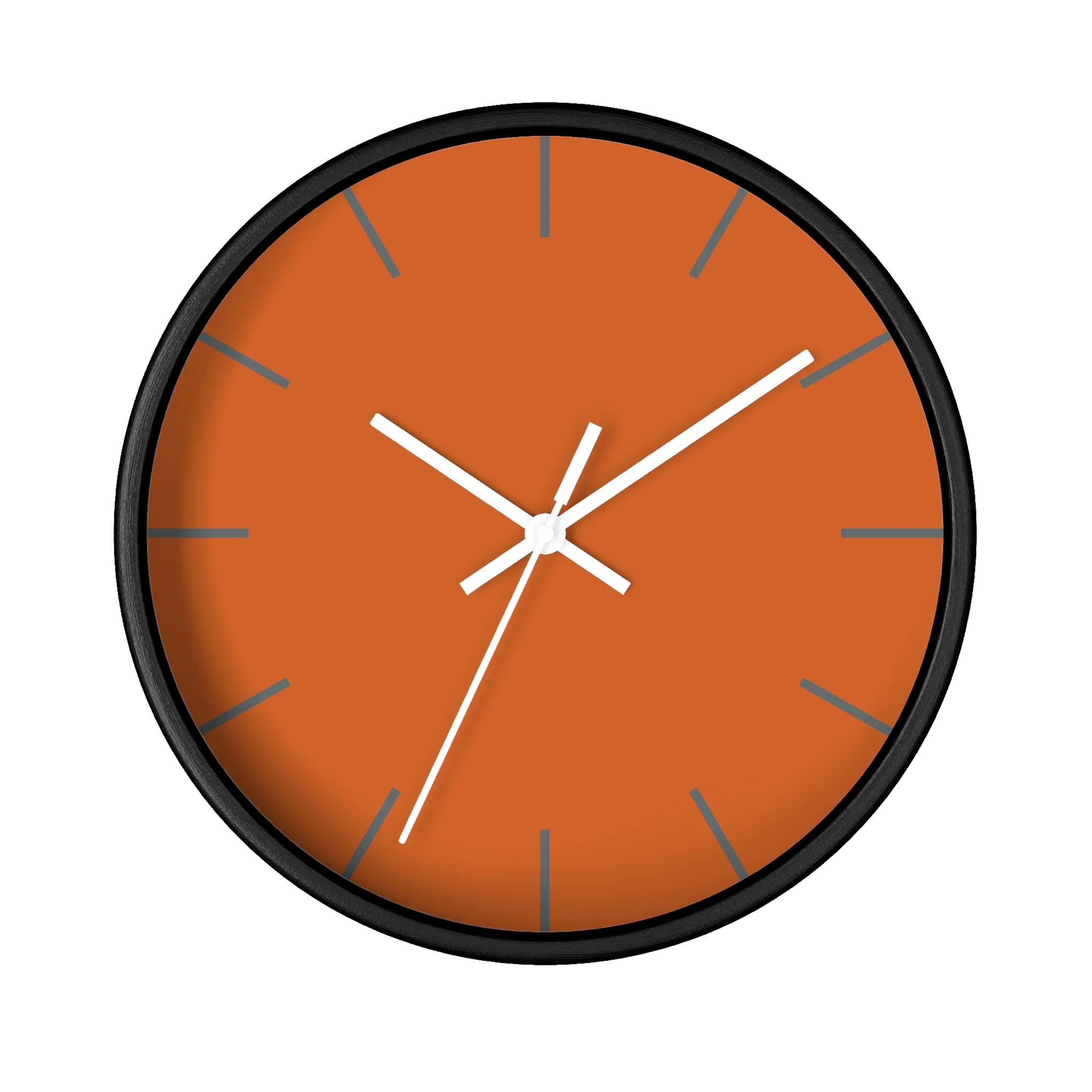 Roman earth rust orange silent wall clock, black base, white hands, grey markers, 10 inch, front view.