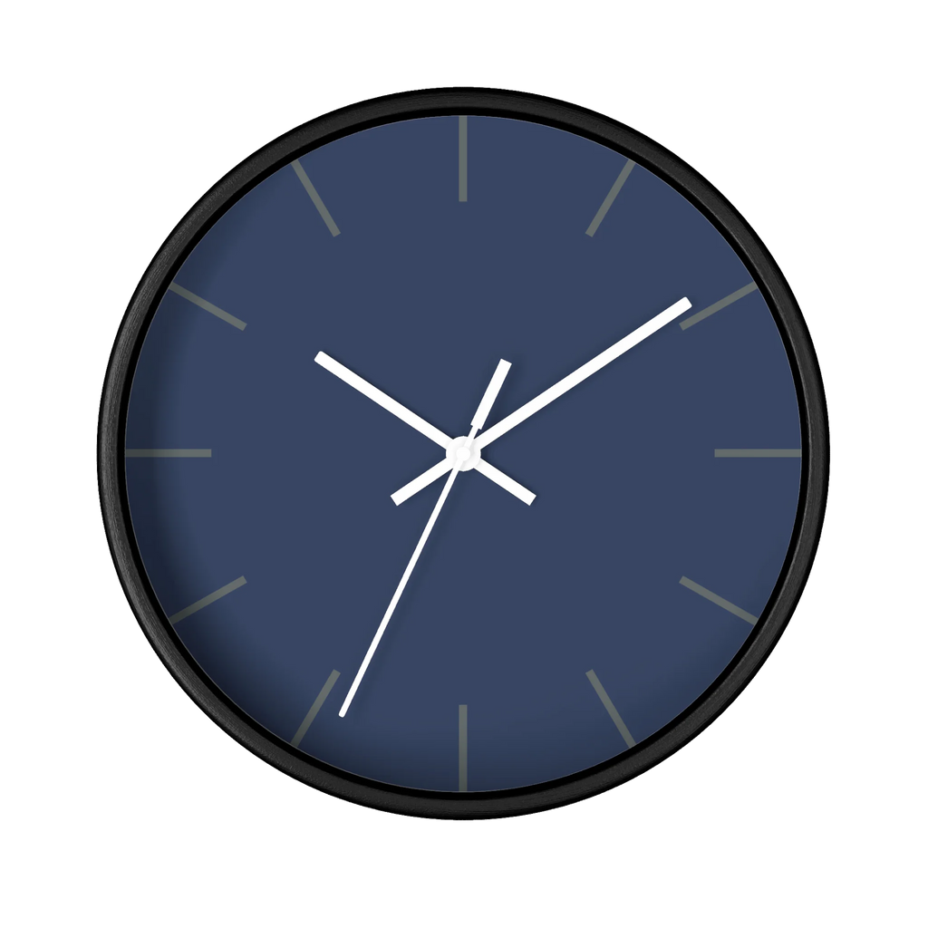 Rugged blue navy silent wall clock, black base, white hands, dark grey markers, 10 inch, front view.