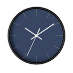 Rugged blue navy silent wall clock, black base, white hands, dark grey markers, 10 inch, front view.