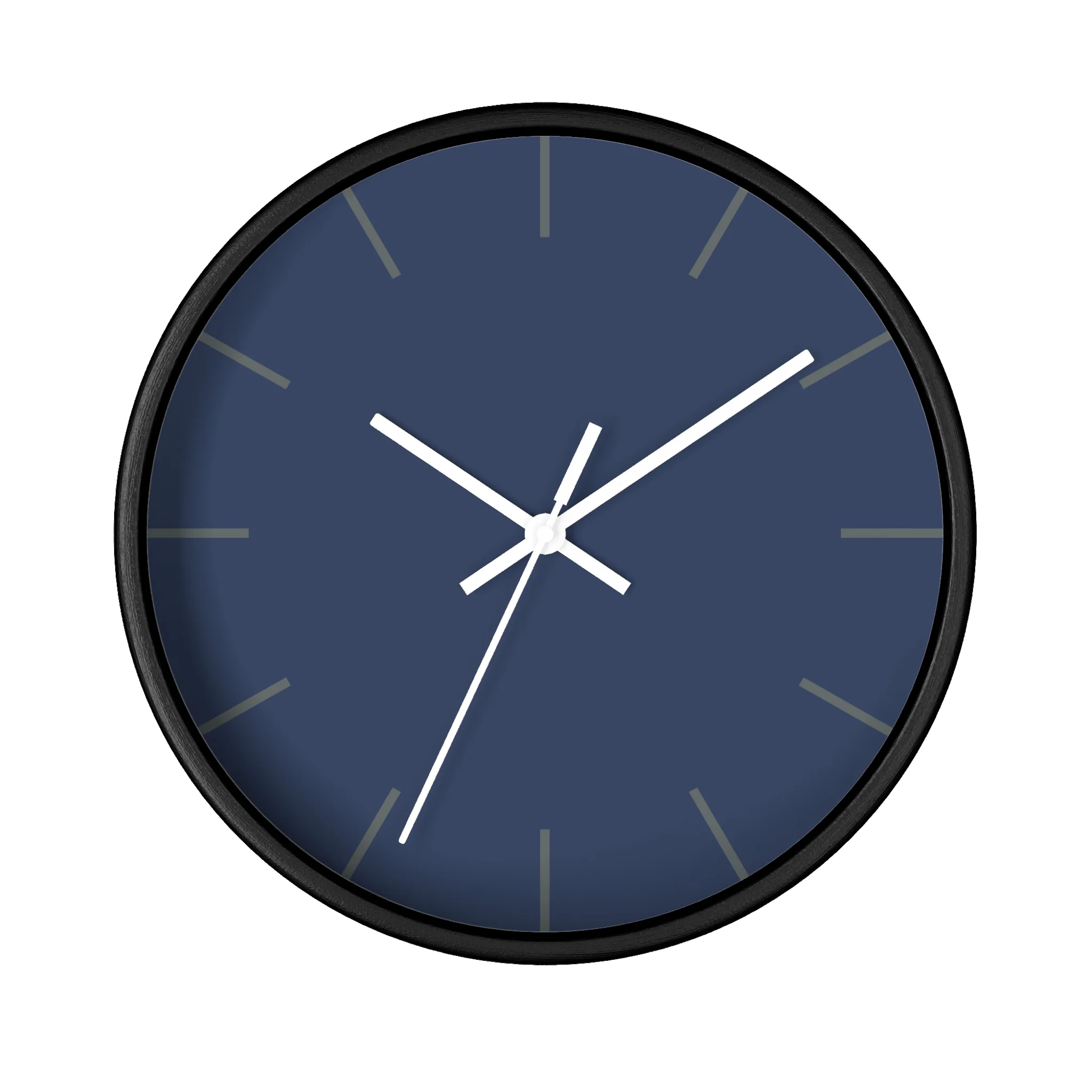 Rugged blue navy silent wall clock, black base, white hands, dark grey markers, 10 inch, front view.