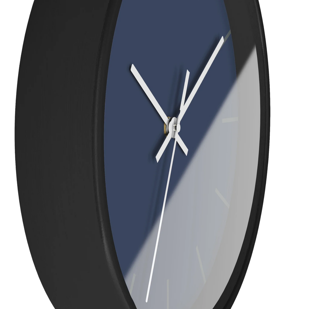 Rugged blue navy silent wall clock, black base, white hands, dark grey markers, 10 inch, side view.