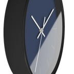 Rugged blue navy silent wall clock, black base, white hands, dark grey markers, 10 inch, side view.