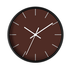 Saddle brown silent wall clock, black base, white hands, off white markers, 10 inch, front view.