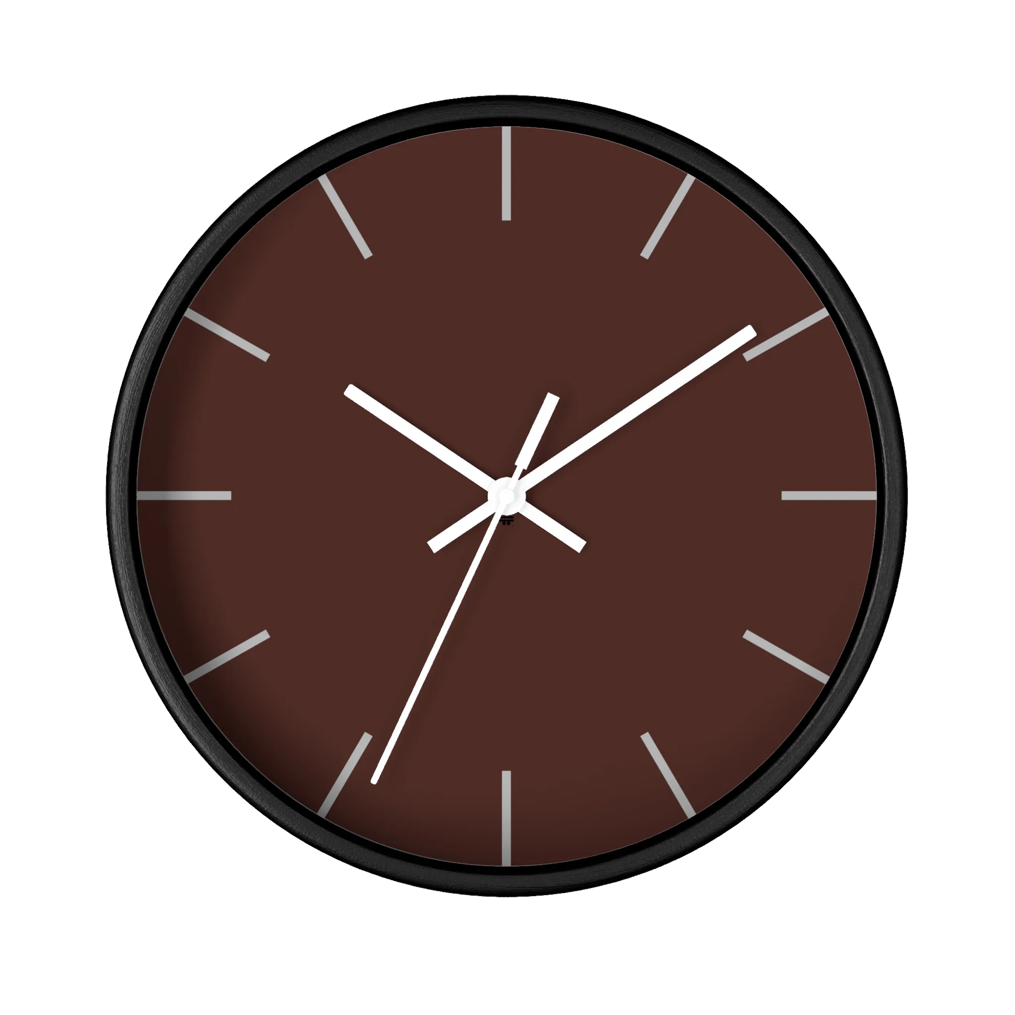 Saddle brown silent wall clock, black base, white hands, off white markers, 10 inch, front view.