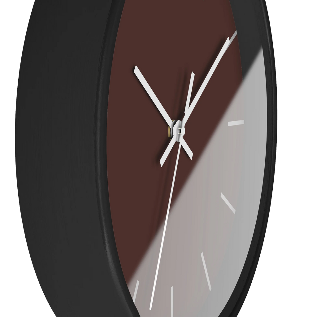 Saddle brown silent wall clock, black base, white hands, off white markers, 10 inch, side view.