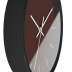 Saddle brown silent wall clock, black base, white hands, off white markers, 10 inch, side view.