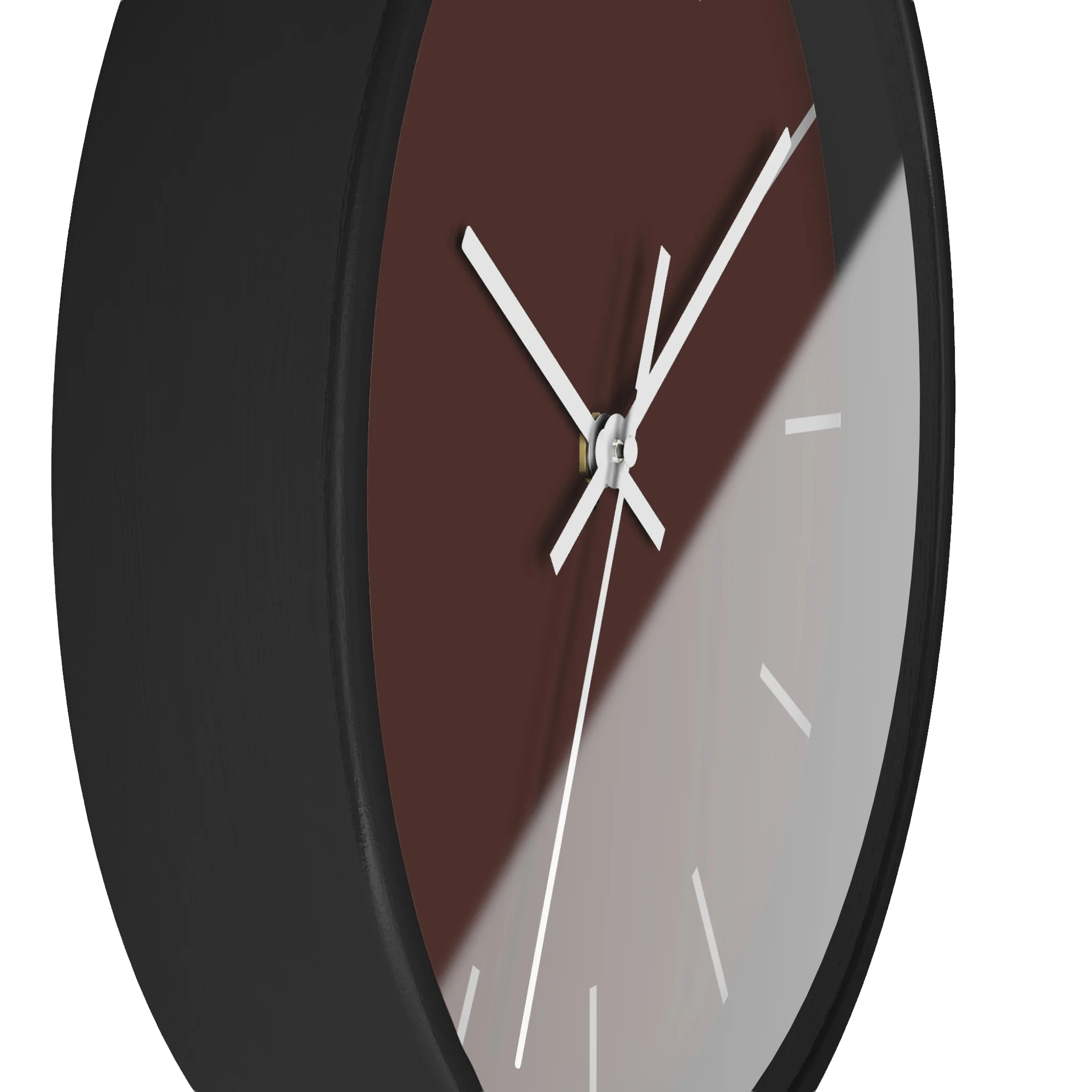 Saddle brown silent wall clock, black base, white hands, off white markers, 10 inch, side view.