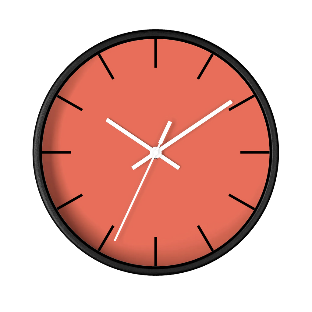 Salmon red coral silent wall clock, black base, white hands, white markers, 10 inch, front view.
