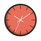 Salmon red coral silent wall clock, black base, white hands, white markers, 10 inch, front view.