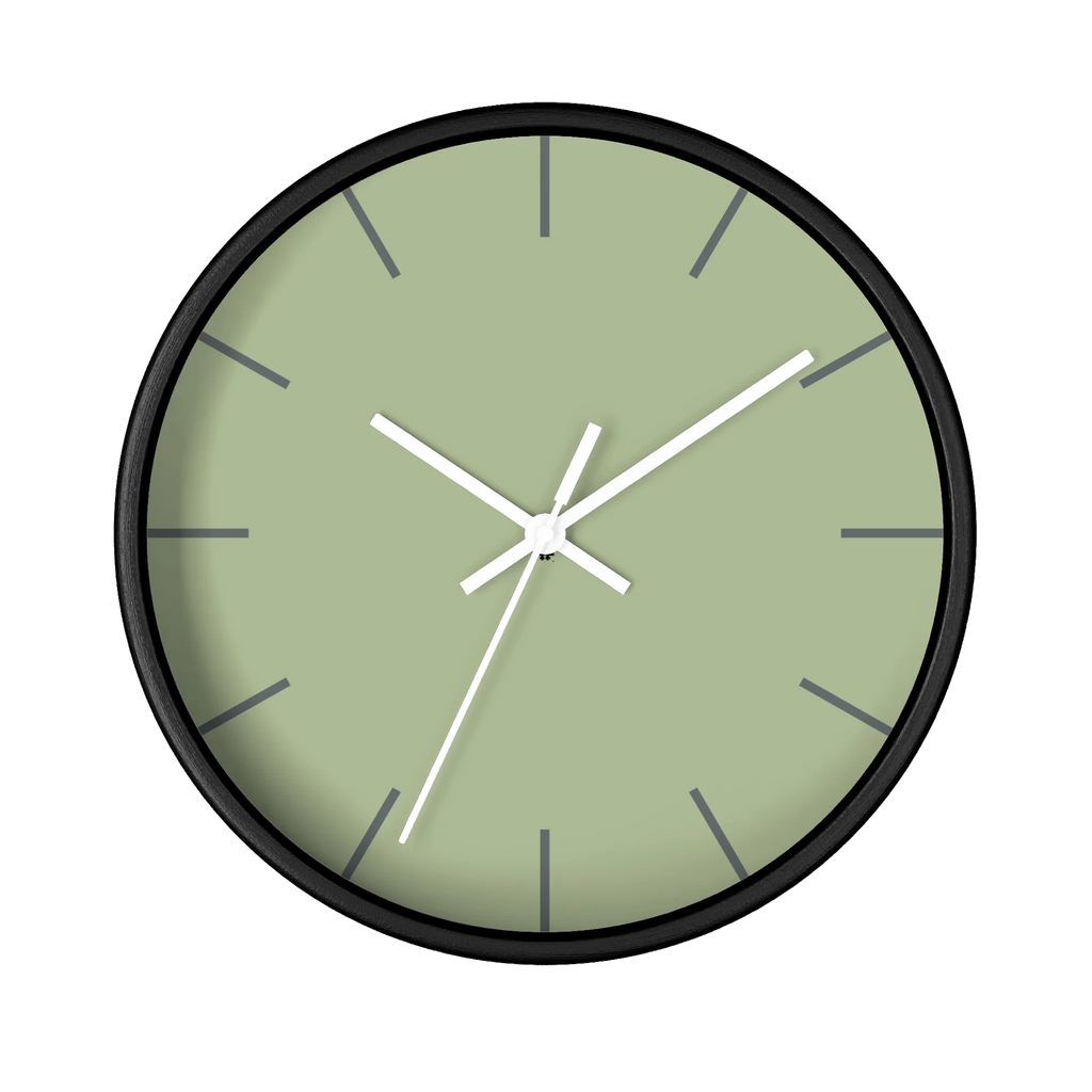 Schist green silent wall clock, black base, white hands, dark grey markers, 10 inch, front view.