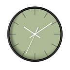Schist green silent wall clock, black base, white hands, dark grey markers, 10 inch, front view.