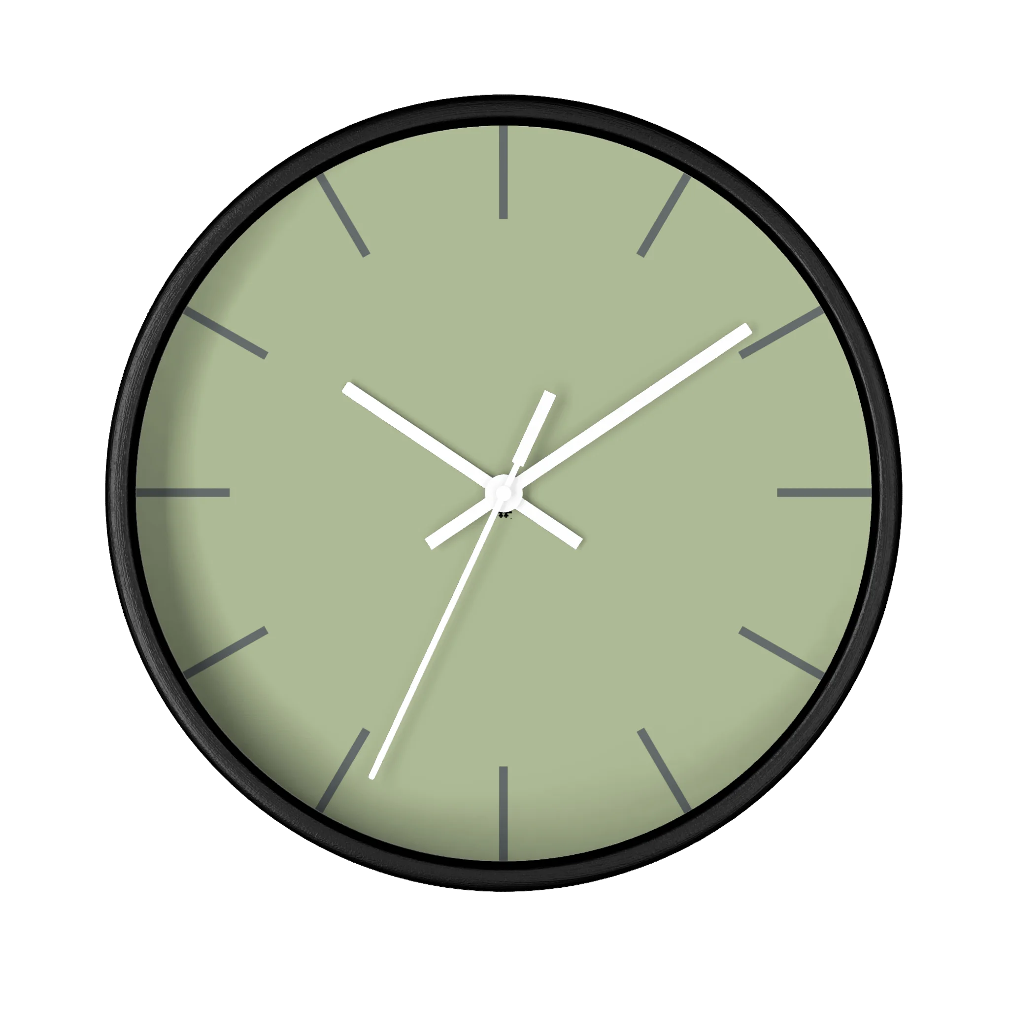 Schist green silent wall clock, black base, white hands, dark grey markers, 10 inch, front view.