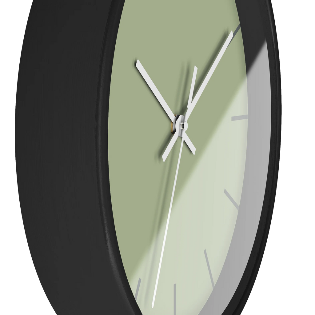 Schist green silent wall clock, black base, white hands, dark grey markers, 10 inch, side view.
