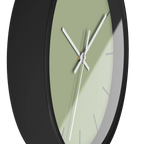 Schist green silent wall clock, black base, white hands, dark grey markers, 10 inch, side view.