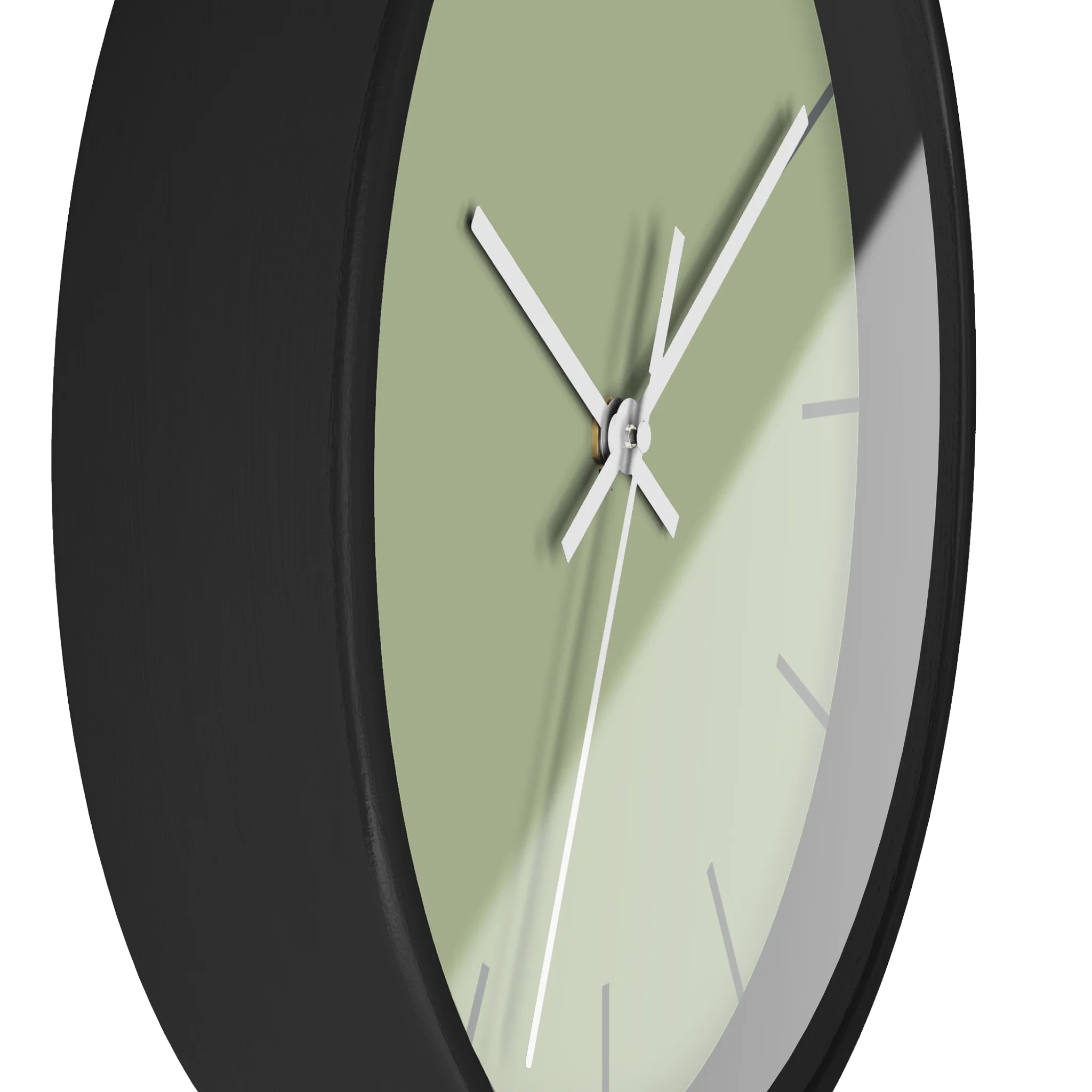 Schist green silent wall clock, black base, white hands, dark grey markers, 10 inch, side view.