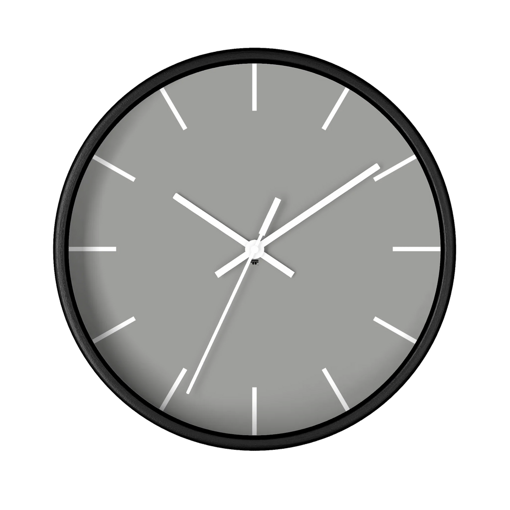 Stardust grey silent wall clock, black base, white hands, white markers, 10 inch, front view.
