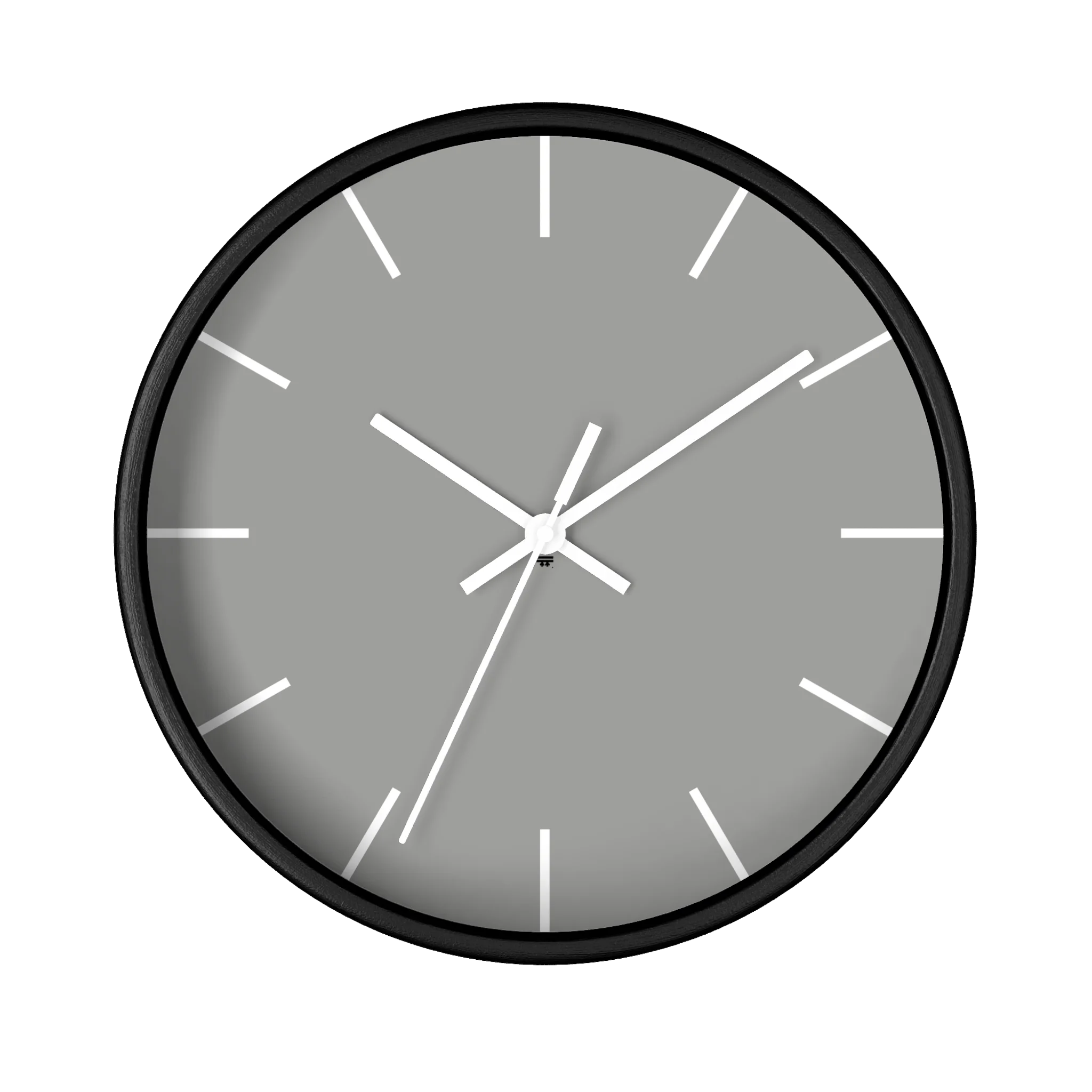 Stardust grey silent wall clock, black base, white hands, white markers, 10 inch, front view.