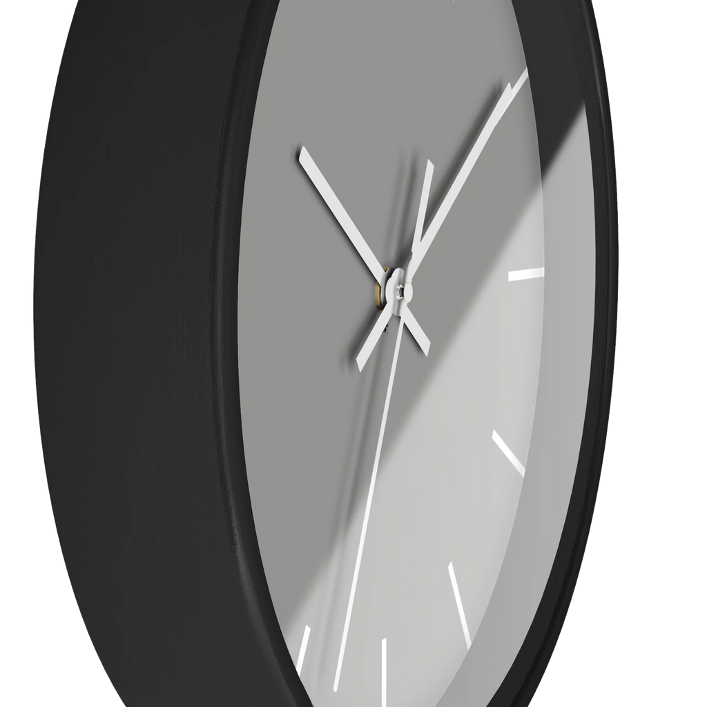 Stardust grey silent wall clock, black base, white hands, white markers, 10 inch, side view.